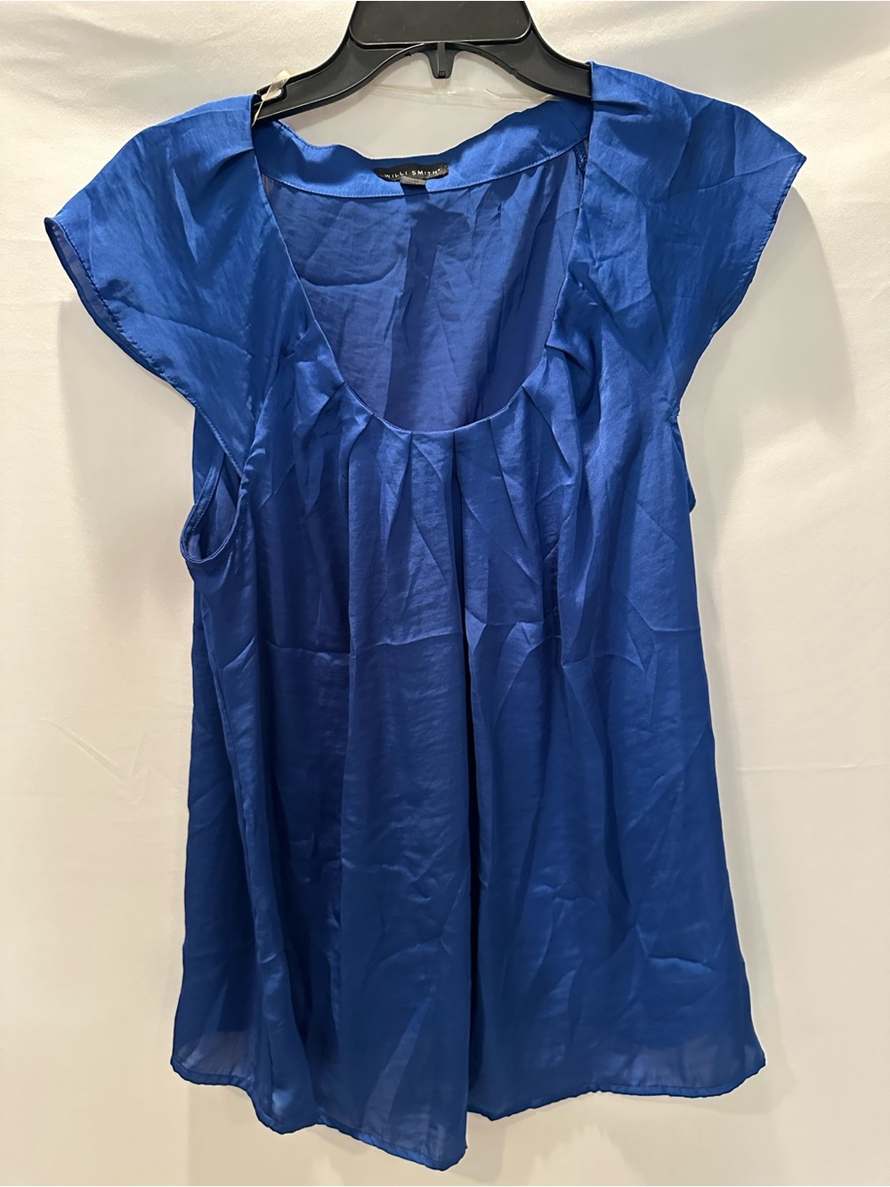 Blue Women's Satin Pleat-Front Cap Sleeve Top